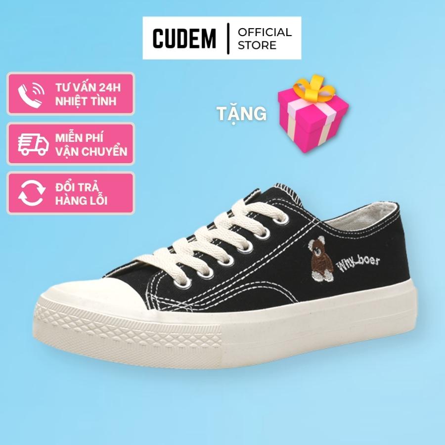 Giày thể thao cv cổ thấp nữ thêu hình gấu nâu dáng basic cá tính đế cao màu đen trắng năng động trẻ trung hot trend S7