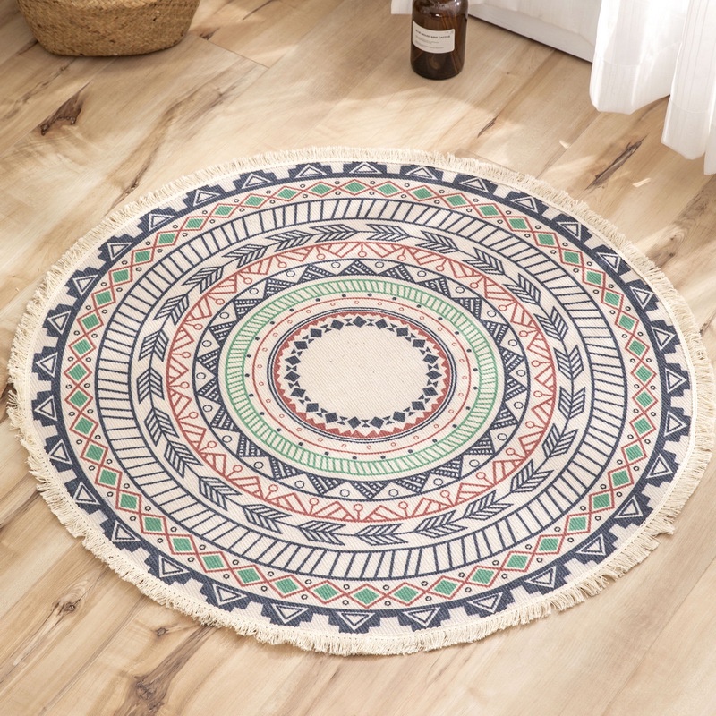 Thảm tròn thổ cẩm trải sàn đường kính D90cm họa tiết Vintage, hàng cao cấp vải dày đẹp