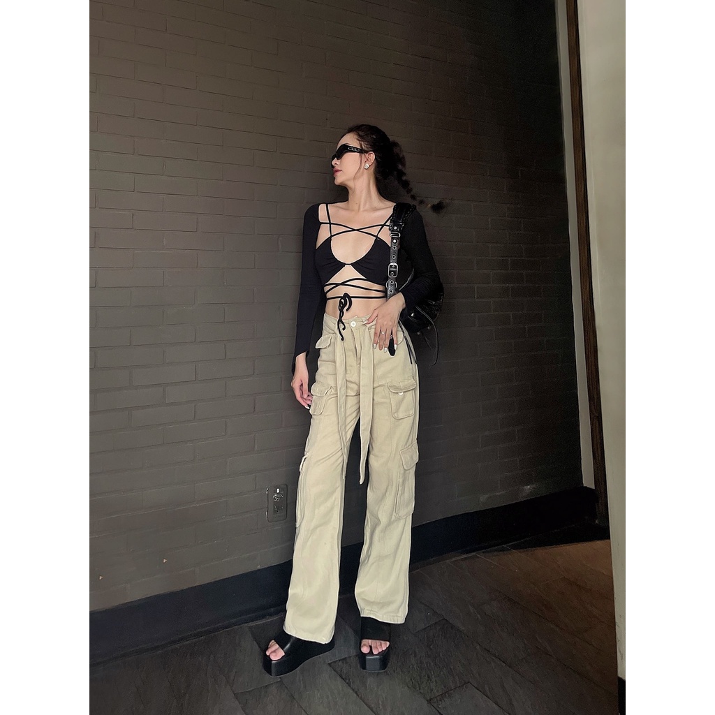 Áo Bra Dây Quấn Tay Dài LSEOUL A2556 Chất Thun Co Dãn Năng Động Hiphop Gợi Cảm