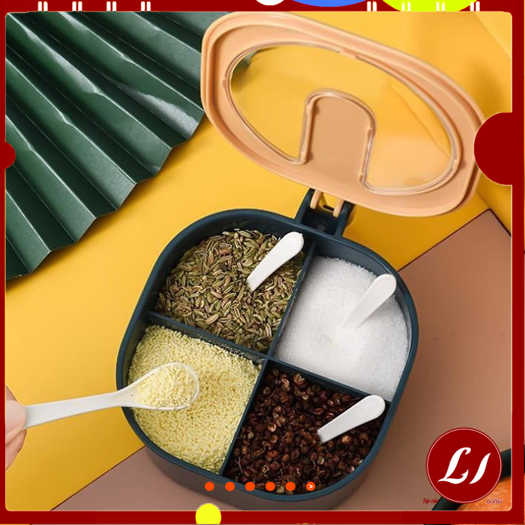 Hộp Đựng Gia Vị 4 Ngăn Kèm Muỗng Nắp Nhựa tiện dụng cho nhà bếp