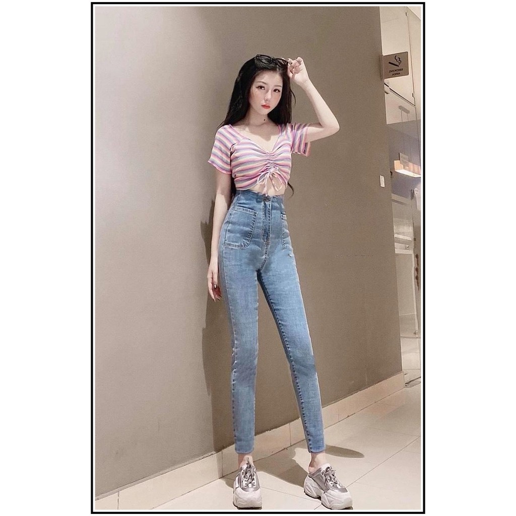 Quần jean nữ 1 CÚC phối 2 TÚI VUÔNG BẦU KHÔNG ĐỈA MÀU XANH NHẠT chất jean co giãn tốt s32-1