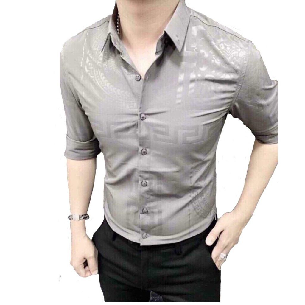 Áo Sơ Mi Nam Dài Tay Chất Lụa Phối Họa Tiết Dập 3D Xám Chìm (kèm hình thật)