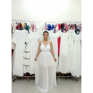 Đầm maxi trắng chéo dây lưng