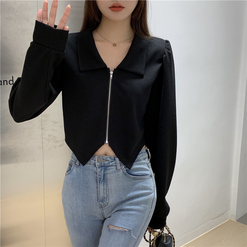 Áo Kiểu Ngắn Có Khóa Kéo Màu Trơn Thiết Kế Không Đều Phong Cách Waffle Thời Trang Thu Đông Mới