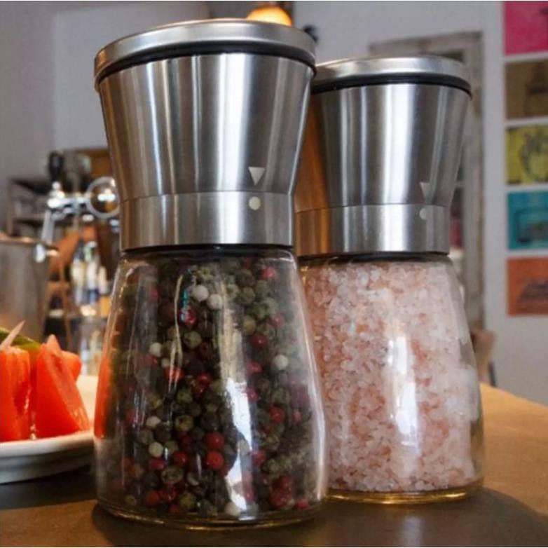 Lọ xay hạt tiêu. Bình xay hạt tiêu. Kích thước 13,5 x 6,5cm. Dung tích 150ml. Thủy tinh, INOX.