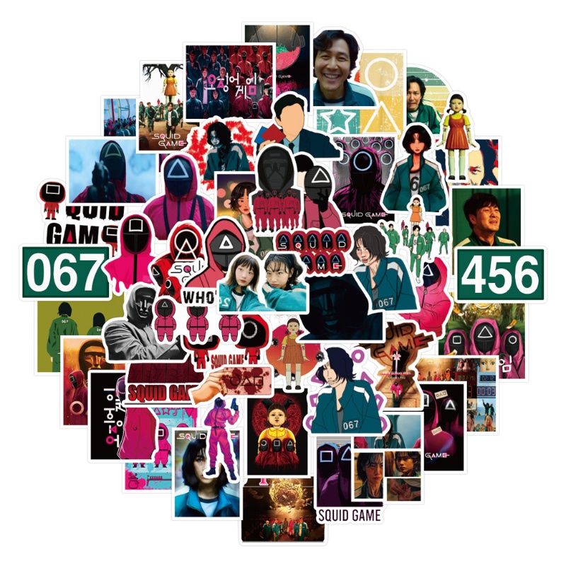 Set 50 hình dán họa tiết Squid Game hình tròn để trang trí cho sổ tay/ máy tính/ ván trượt/ điện thoại di động