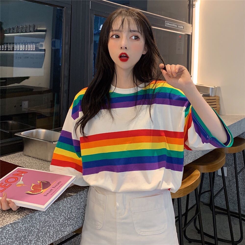 Áo Thun Ngắn Tay Dáng Rộng Họa Tiết Kẻ Sọc Màu Cầu Vồng Phong Cách Hàn Quốc Thời Trang Cho Nữ