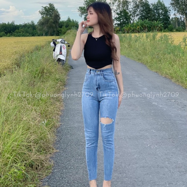 Quần jean cạp cao rách basic , quần skinny jean dài nữ lưng cao PLQ74
