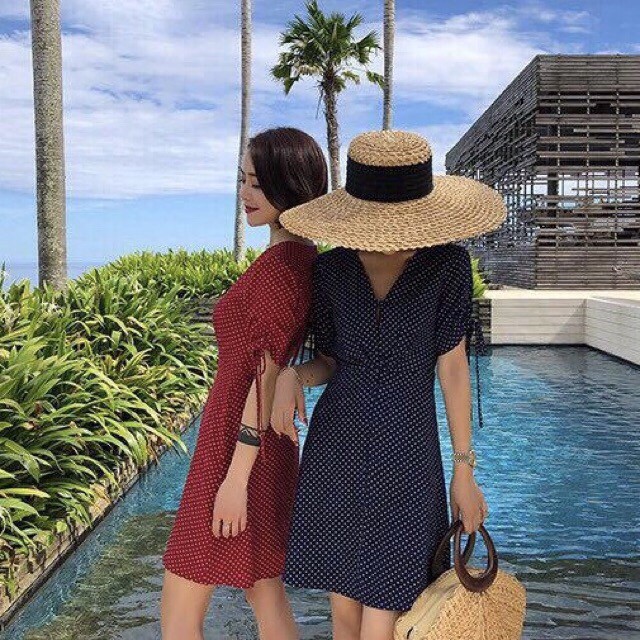 DX642 - Đầm Xòe Đi Biển Chấm Bi Nhún Tay Nhiều Màu
