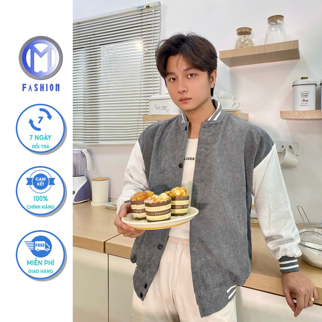 Áo khoác nam bomber nhung tăm nỉ đẹp form rộng 2 lớp bóng chày cao cấp M Fashion BB02