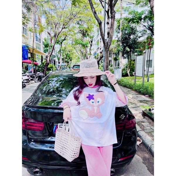 Set áo cotton cáo hồng thêu phối viền tay quần suông gân hình thật L12