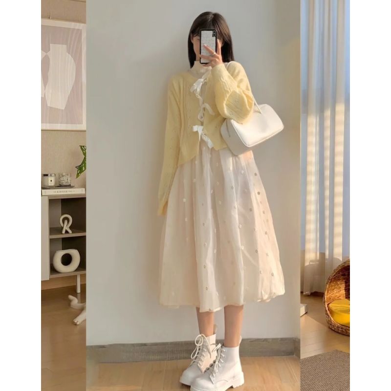 Set Đầm Dệt Kim Phối Áo Sweater Thắt Nơ Xinh Xắn Phong Cách Hàn Quốc