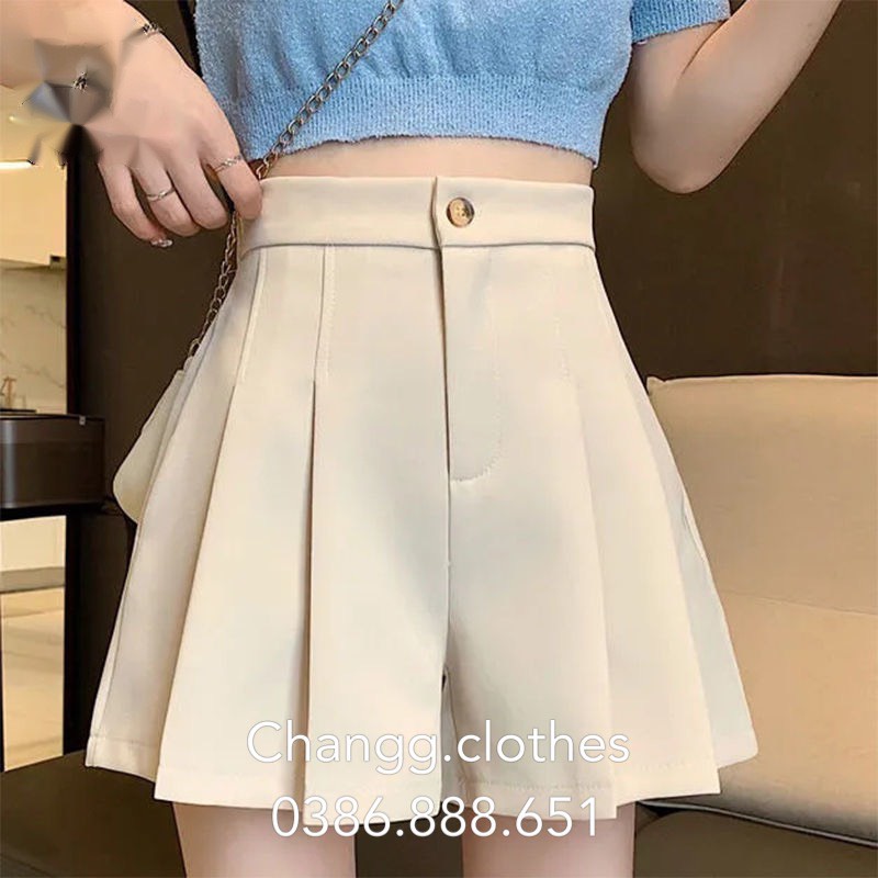 Quần Đùi Nữ Ống Rộng Xếp Ly Dáng Xòe Chun Lưng Chất Tuyết Mưa