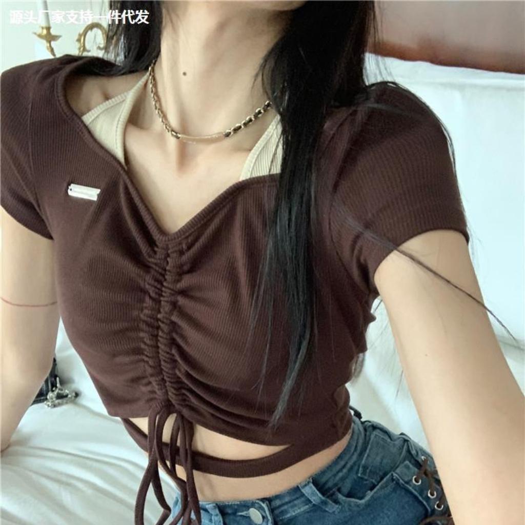 Áo croptop nữ ngắn tay cố giả yếm phối rút dây trước ngực Xquin, Áo kiểu nữ ôm body khoét eo cực sexy