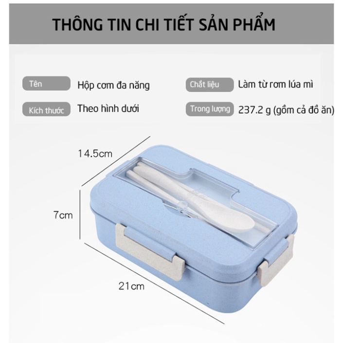 Hộp đựng cơm trưa văn phòng 3 ngăn, kèm đũa thìa, dùng cho lo vi sóng nhựa hữu cơ an toàn