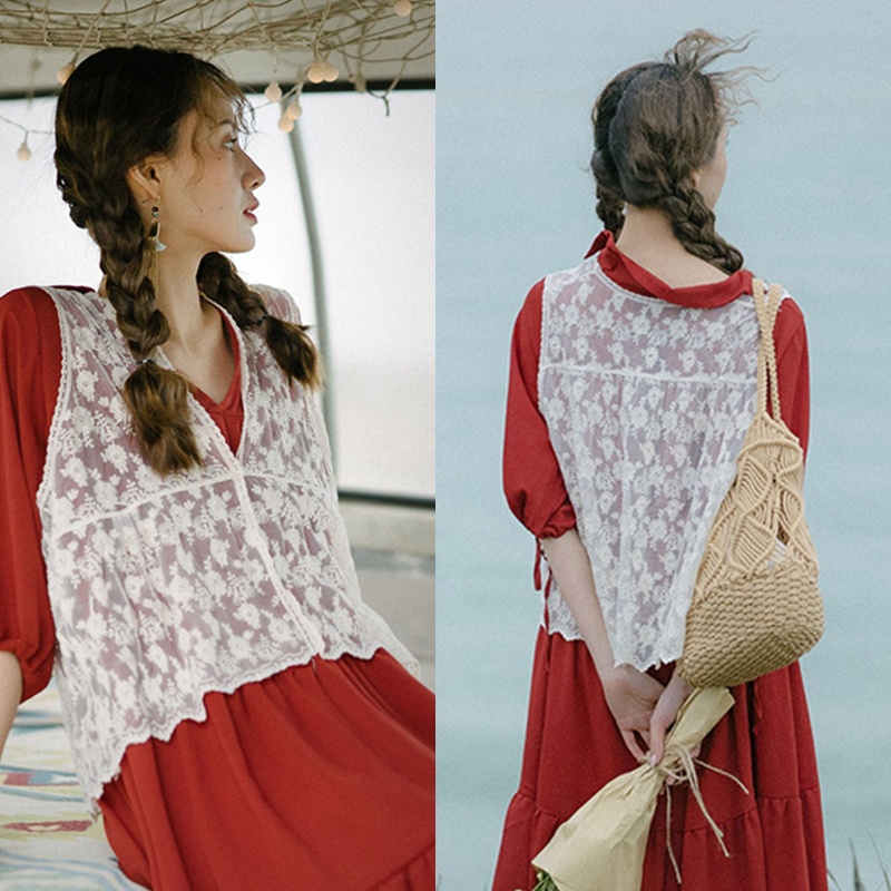 Áo Không Tay Phối Ren Hoa Phong Cách Vintage Thời Trang Cho Nữ