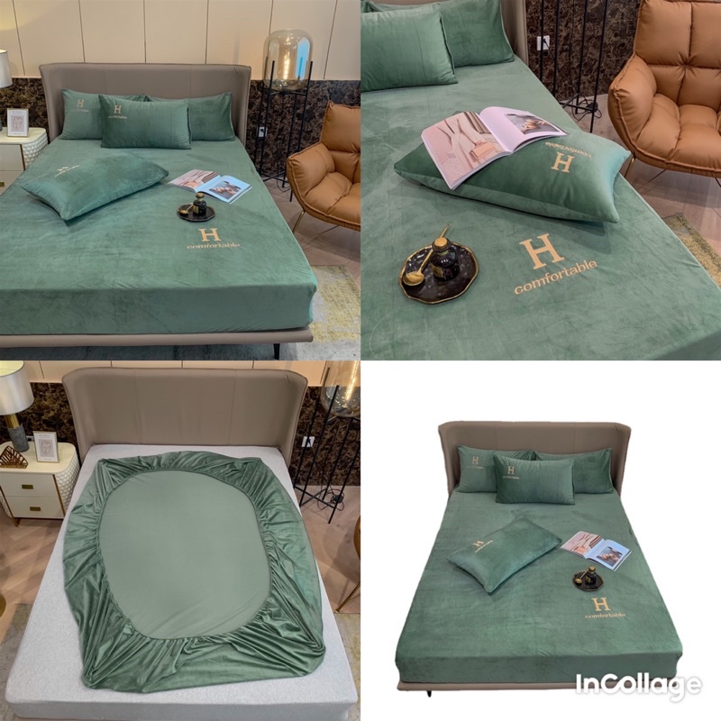 XẢ TOÀN BỘ SÉT 3 món ga gối nỉ nhung mịn thêu chữ h gồm 1 ga và 2 vỏ gối(bo chun hoặc phủ theo size đệm)