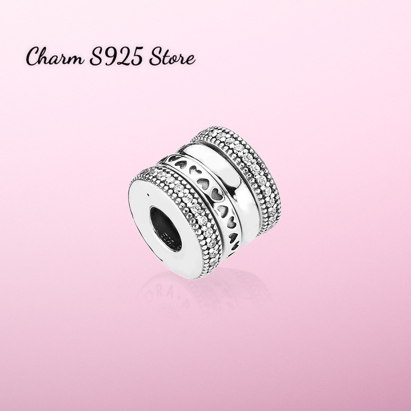 charm pan hình trụ đính đá hoạ tiết logo xoay bạc s925 cao cấp