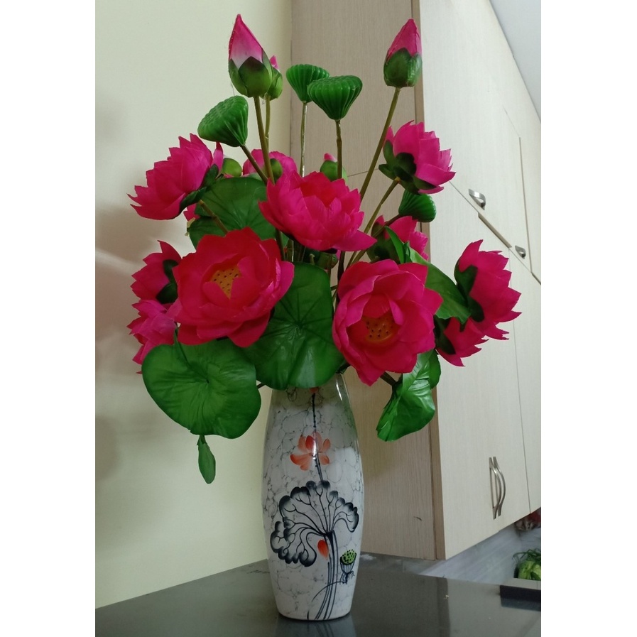Cụm hoa sen cao cấp 10 nhánh, 70cm, có đài sen