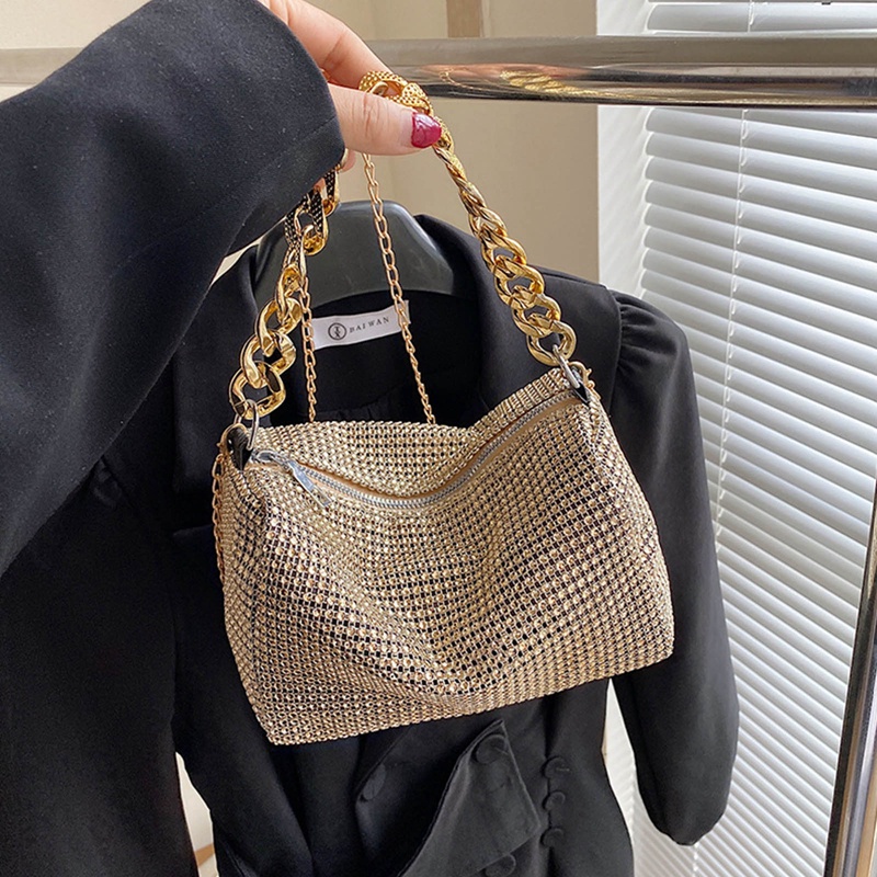 Túi Xách Đeo Vai Hình Vuông Đính Đá Phối Dây Đeo Sợi Xích Thời Trang Dành Cho Nữ