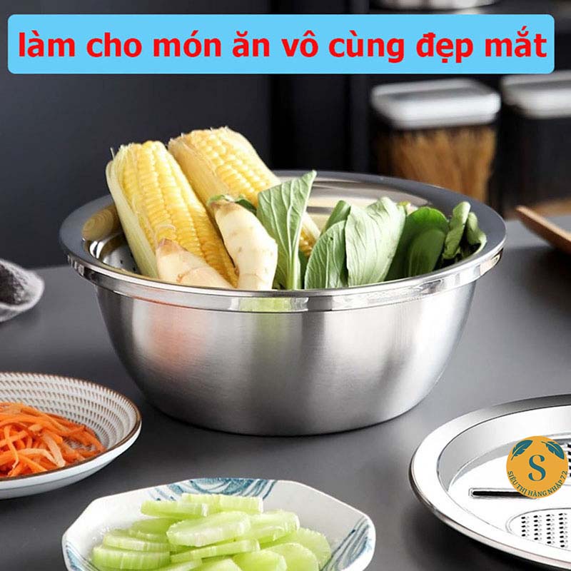 Bộ Thau Rổ Bào Rau Củ Inox Không Rỉ 3 Món (Thau + Rổ + Mặt Bào) [RỔ 3]