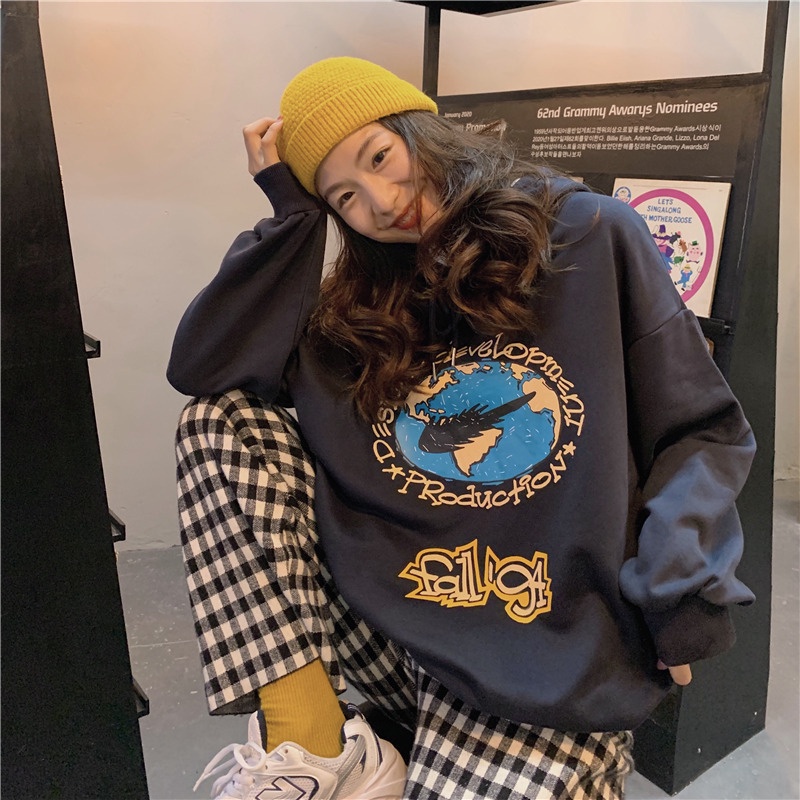 SUXI Áo Hoodie Tay Dài Dáng Rộng In Họa Tiết Thời Trang Hàn Quốc Cho Cặp Đôi