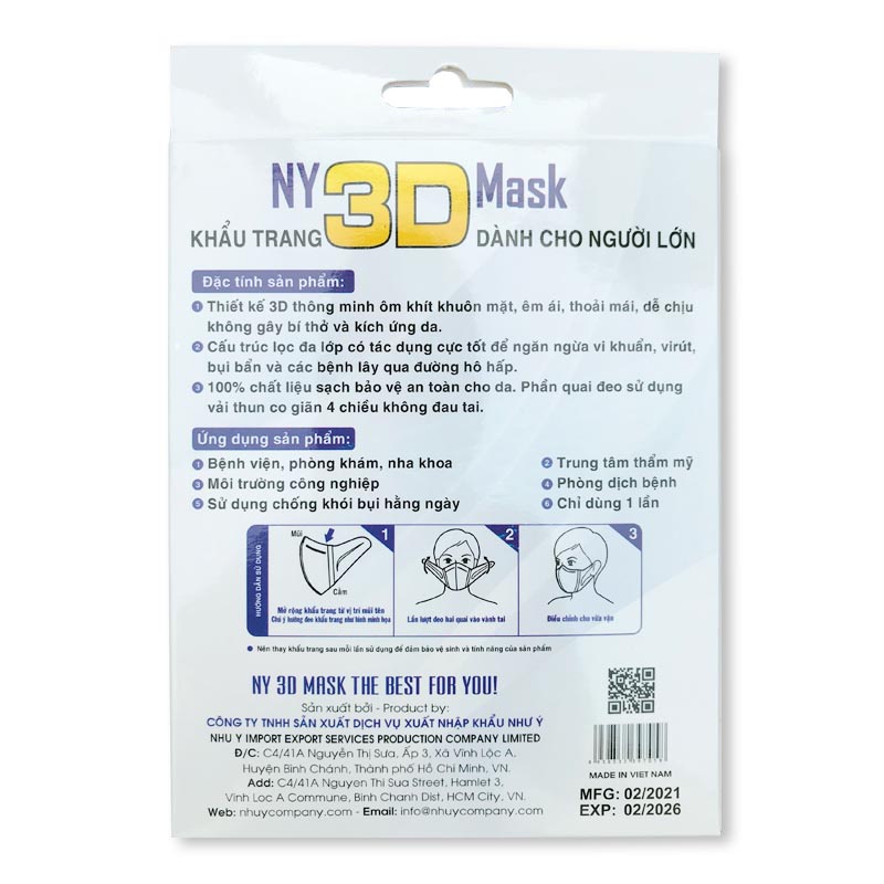 HỘP 10 CÁI KHẨU TRANG 3D CHO NGƯỜI LỚN NY 3D Mask Ngăn Bụi Kháng khuẩn Chống nắng Bảo vệ sức khỏe Sản xuất từ Cty Như Ý