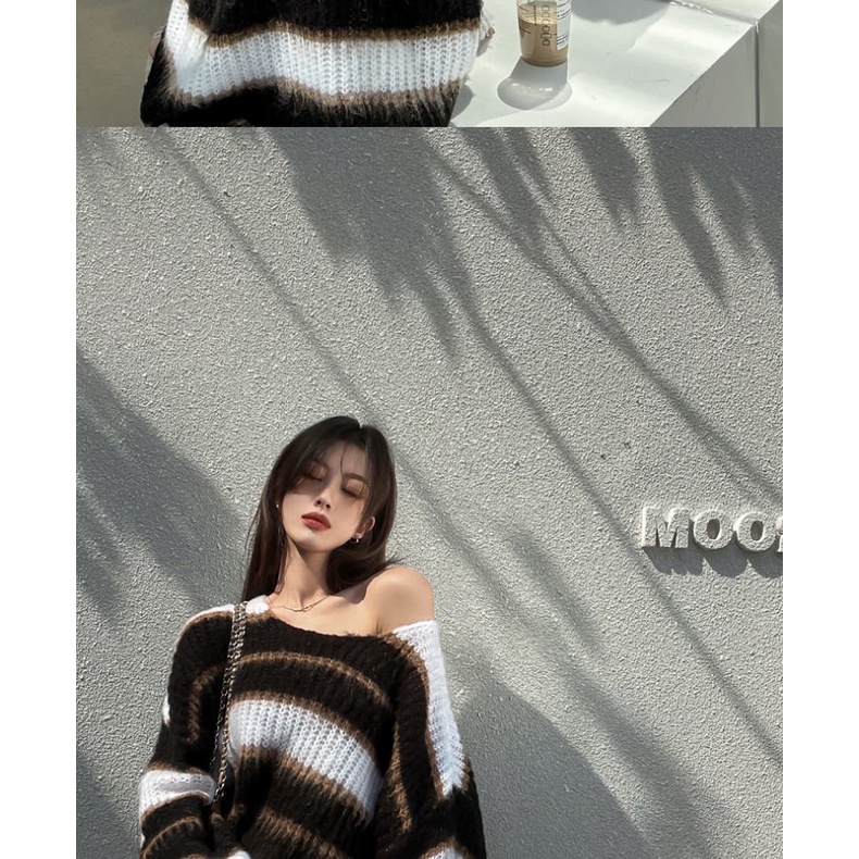 Áo sweater dáng dài họa tiết kẻ sọc màu sắc tương phản thời trang mới 2021 dành cho nữ