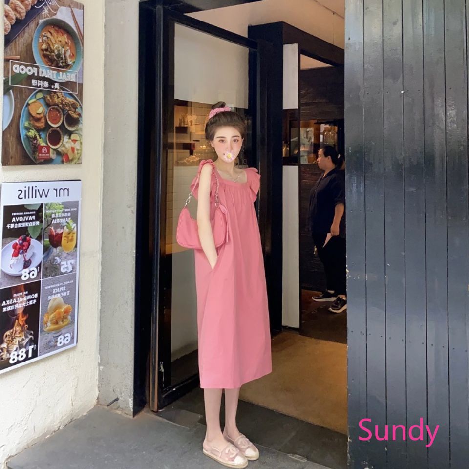 Đầm Cổ Vuông Dáng Rộng Màu Trơn Thời Trang Mùa Hè Hàn Quốc Plus Size Cho Nữ