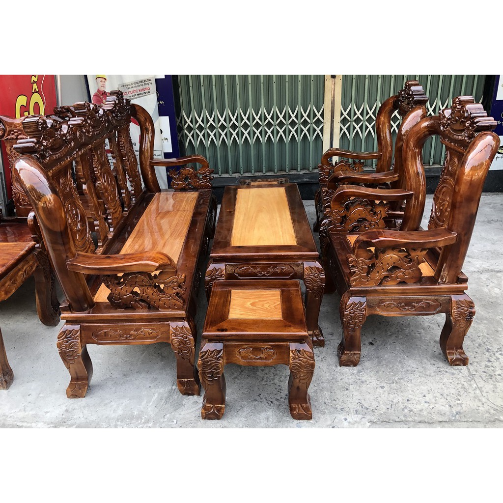 Bộ bàn ghế salon tay 10 gỗ xoan đào, mặt gỗ gõ đỏ chạm nghê