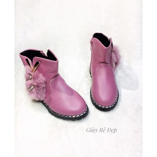 Bốt Bé Gái Cao Cổ Kiểu Cách Hàn Quốc Da Bóng Phối Lông Vũ Xinh Xắn | Boot Trẻ Em Cổ Cao Phong Cách Công Chúa | Giày Bốt
