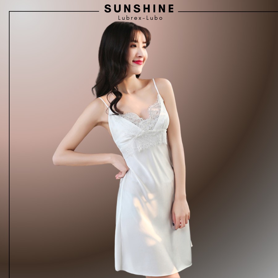 Váy ngủ hai dây lụa satin sexy cao cấp Đầm mặc nhà gợi cảm quyến rũ kèm mút ngực SUNSHINE LUBREXLUBO-MNT130