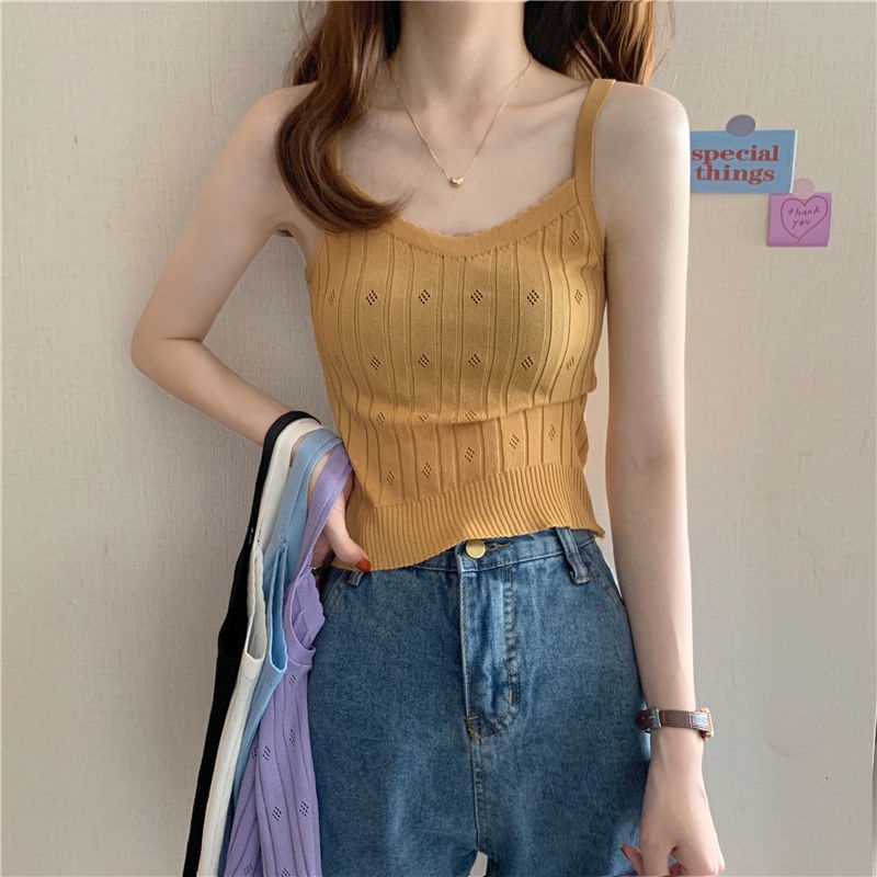 Áo Croptop Dệt Kim Không Tay Màu Sắc Trơn Co Giãn Tốt Thời Trang Cho Nữ