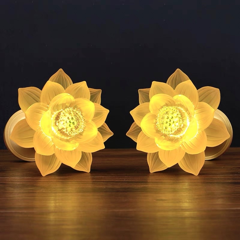 CẶP 2 CÂY ĐÈN LED HOA SEN LƯU LY THỜ CÚNG TRANG TRÍ