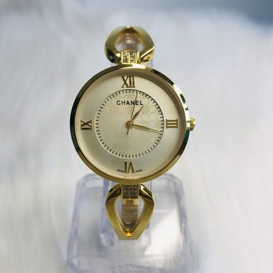 Đồng hồ C.H.A.NE01 Nữ mặt tròn họa tiết mạ vàng sang chảnh size 30mm