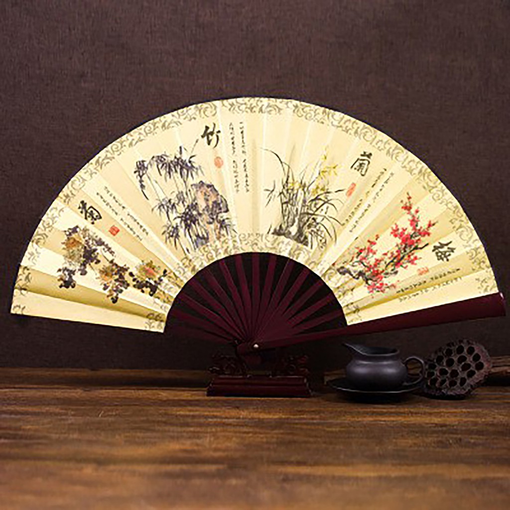 (nhiều mẫu) Quạt xếp nền vàng nan 31cm cổ phong cảnh in họa tiết đẹp phong cách cổ trang cosplay