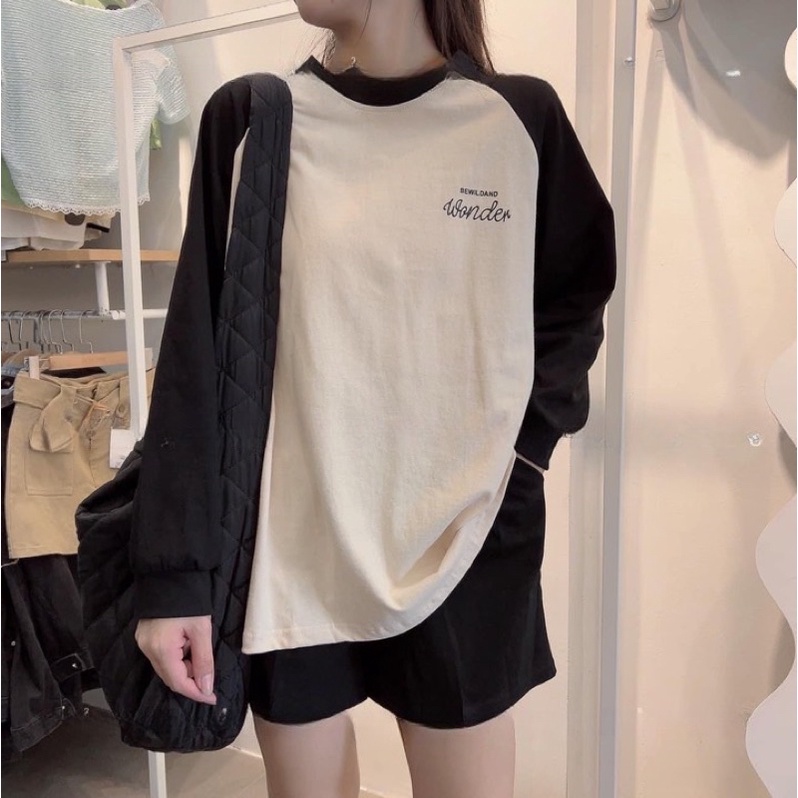 Bộ Thun Tay Dài Chữ Pha Tay Unisex  Set áo Form Rộng Tay Dài Kèm Quần Short Đùi  Kiểu Hàn Quốc Sẵn Ảnh Thật