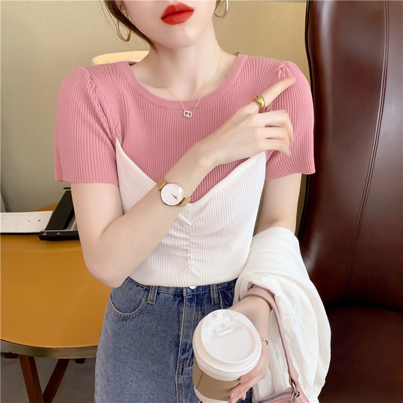 Hàng Mới Về Áo Thun Tay Ngắn Cổ Tròn Giả Hai Lớp Thời Trang Mùa Hè Cho Nữ