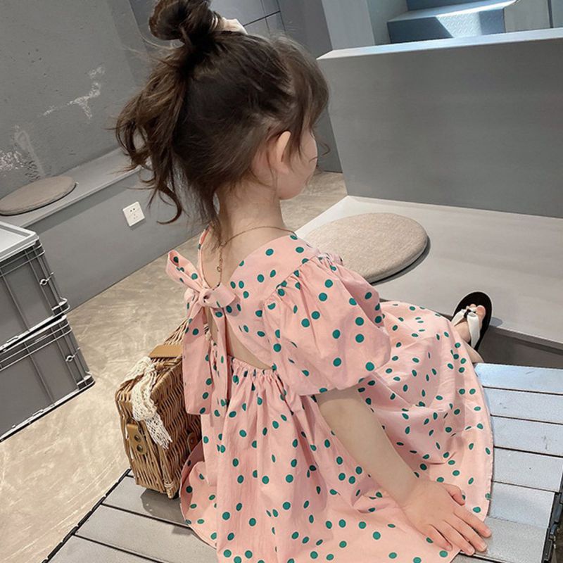 Đầm Tay Phồng Cổ Vuông Khoét Lưng Họa Tiết Chấm Bi Phong Cách Pháp Thời Trang Mùa Hè Cho Bé Gái