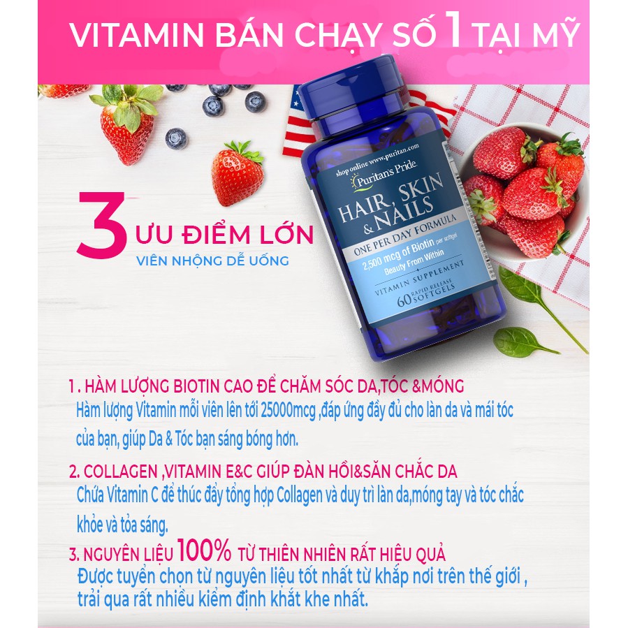 Giảm mụn trứng cá, giảm nhờn cho da dầu và mụn, giúp mọc tóc, đẹp da Puritan's Pride Hair, Skin & Nails 60 viên