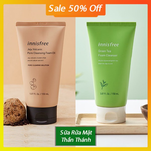 Combo Sữa rửa mặt innisfree Trà Xanh và Tro Núi Lửa trắng da làm sạch sâu Innisfree Hàn Quốc 150ml