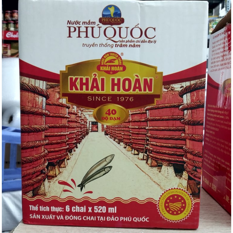 Nước mắm Phú Quốc Khải Hoàn 40 độ đạm chai thủy tinh 520ml, hàng chính hãng date 2024