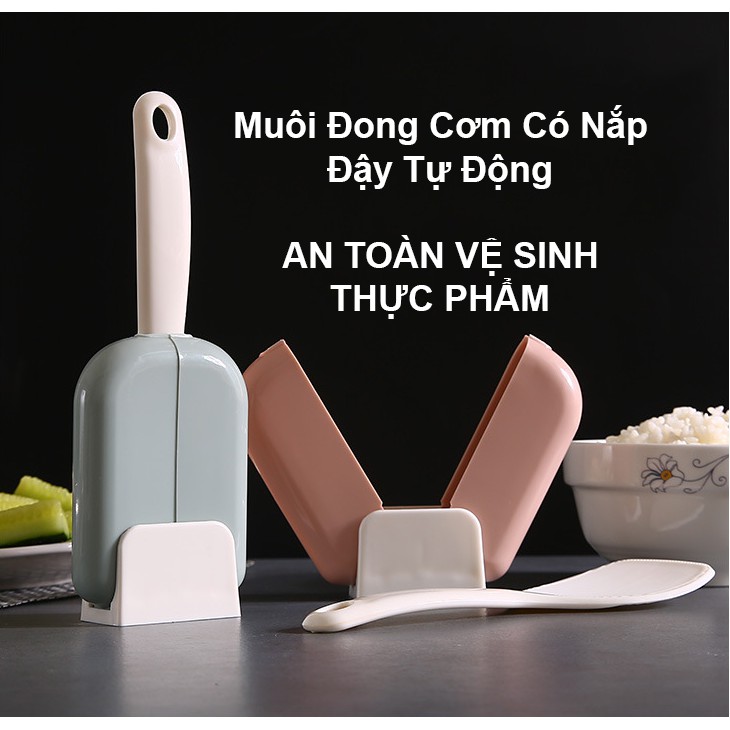 Muôi Xới Cơm, Thìa Múc Cơm Có Nắp Đậy Tự Động - Chống Vi Khuẩn, Côn Trùng