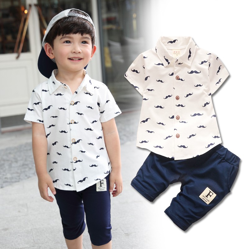 Set áo sơ mi họa tiết dễ thương kèm quần ngắn năng động cho bé trai