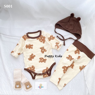 Sét Body + quần dành cho em bé hình gấu, thun cotton.
