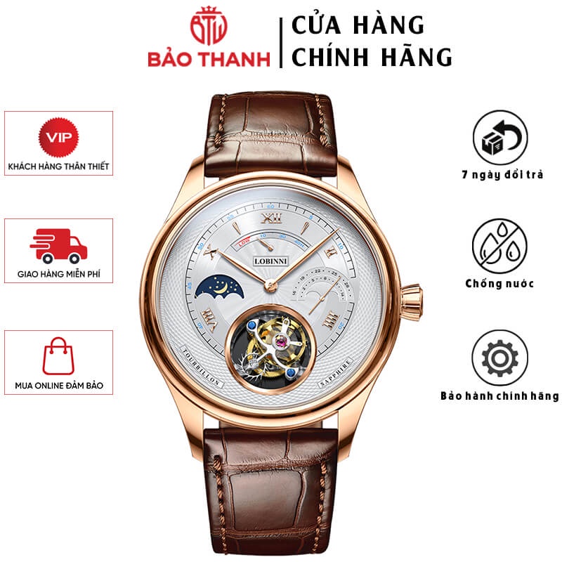 Đồng Hồ Nam LOBINNI No.8886-4 Máy Tourbillon Cao Cấp Chính Hãng BH 24T Chịu Nước 50m Kính Sapphire Chống Xước Dây Da