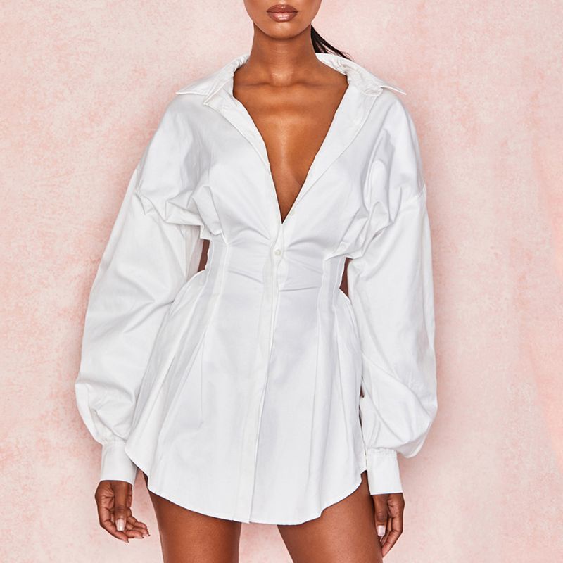 Đầm Dáng Suông Cổ Chữ V Tay Phồng Cài Nút Gợi Cảm Cho Nữ