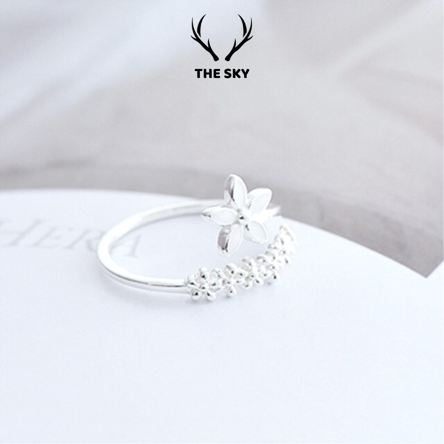 Nhẫn Bạc Nữ THE SKY NB13 Mặt Hình Bông Hoa Cách Điệu Xinh Xắn Freesize