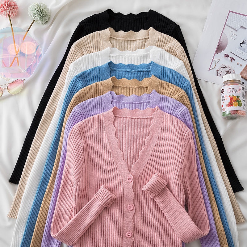 Áo cardigan Dệt Kim Tay Ngắn Cổ Chữ V Màu Trơn Cài Nút Đơn Giản Phong Cách Thời Trang Mùa Thu Mới Dành Cho Nữ