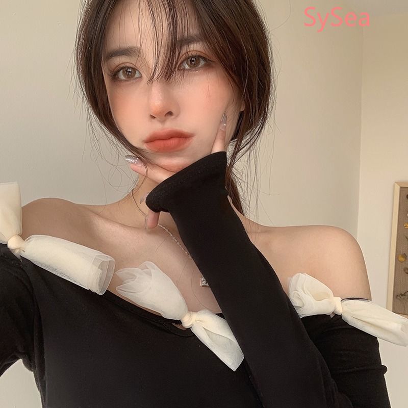 Áo kiểu trễ vai tay dài phối nơ thiết kế thanh lịch cho nữ